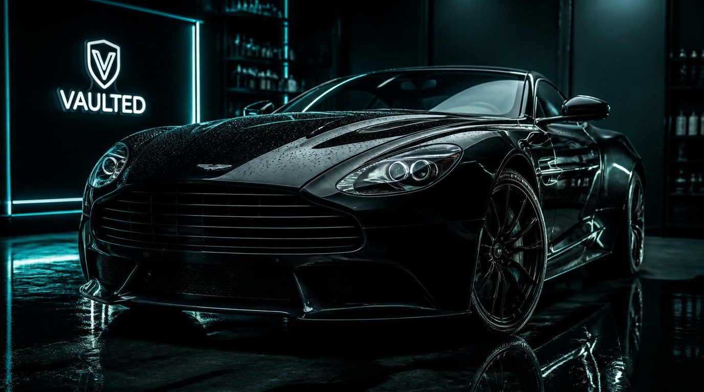 Black sports car with freshly ceramic-coated paint in a dark detailing studio